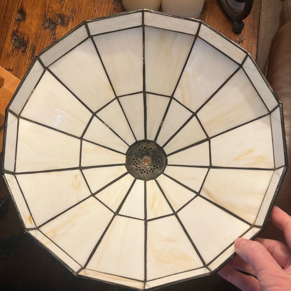 MCM Vintage Craftsman Mission Style Stained Glass Table Lamp - Cream and Brown - Picture 7 of 10